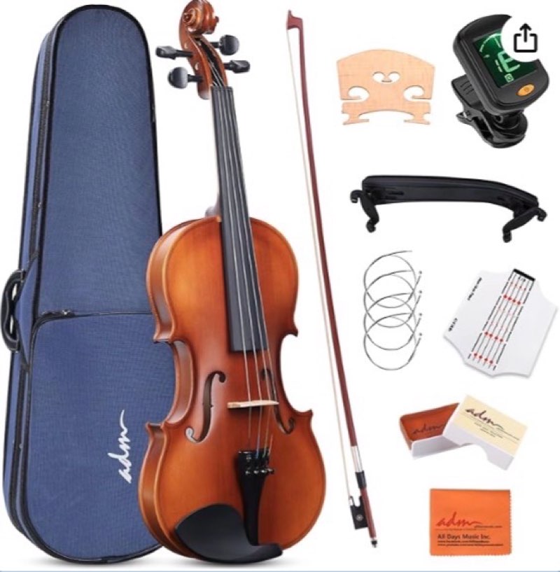 adm 1/4 size wood violin set for kids teens students adults beginner acoustic violin matte fiddle starter kit with hard case, rosin, shoulder rest, bow, clip-on tuner and fingerboard sticker