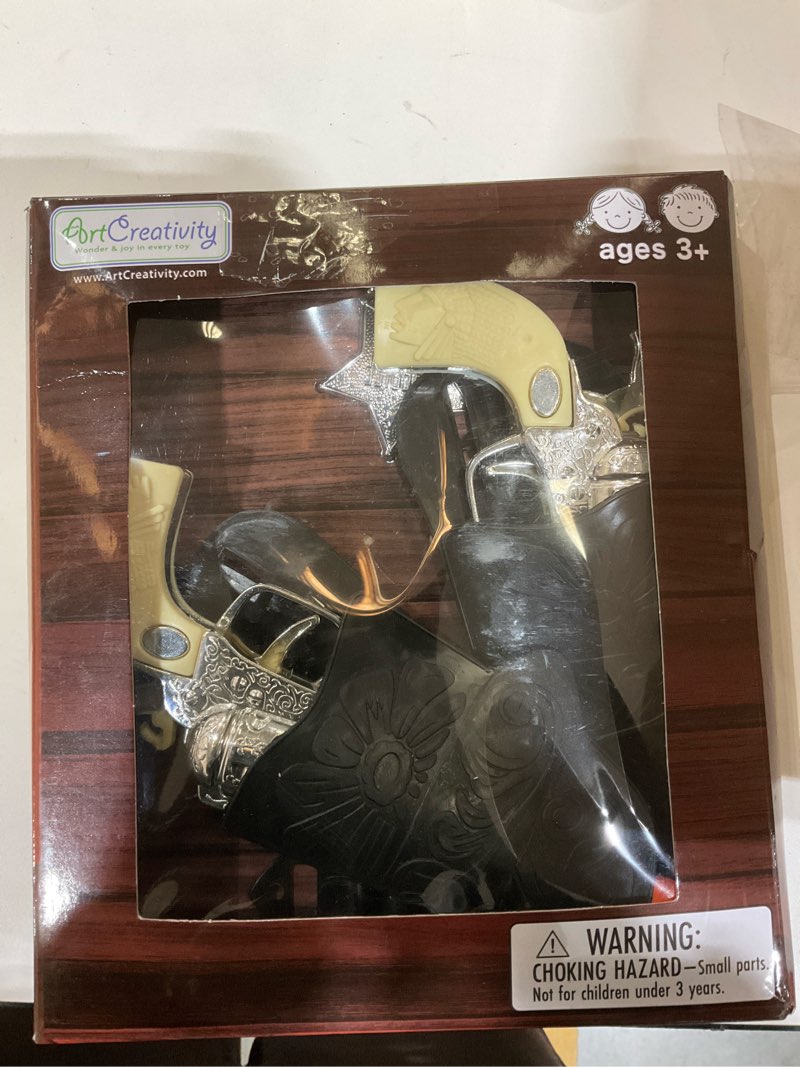Condition photo showing As Is for ArtCreativity Cowboy Toy Gun Holster and Belt 9 Piece Set for Kids. 2 Toy Pistols, 1 Sheriff Badge, 2 Gun Holsters, and 3 Play Bullets, 1 Adjustable Belt, Old Western Action Belt for Sheriff