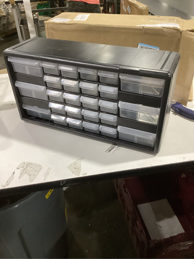 Condition photo showing Good Condition for Akro-Mils 26-Drawer Plastic Drawer Storage Cabinet for Garage Organization, Bead Organizer, Building Bricks Storage, Teacher Toolbox, Makeup Organizer, 20" W x 6" D x 10" H, 10126 Black Black 26 Drawer 1 pack