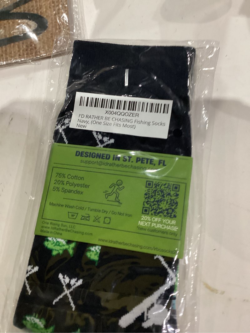Condition photo showing Good Condition for I'D RATHER BE CHASING Funny Mens Socks, Hunting & Fishing Gifts for Men, Fun Hunt Fish Crew Sock, Hunters Fishermen Gift One Size Navy Fishing