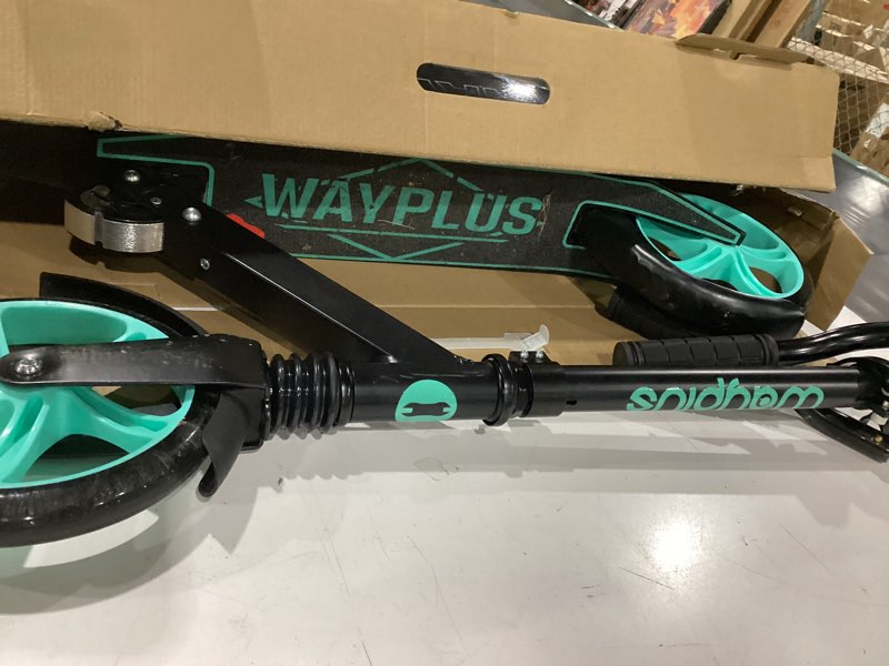 Condition photo showing As Is for wayplus ks1 kick scooter for ages 6+,kid, teens & adults. max load 240 lbs. foldable, lightweight, 8in big wheels for kids, teen and adults, 4 adjustable levels. bearing abec9 fed fitness
