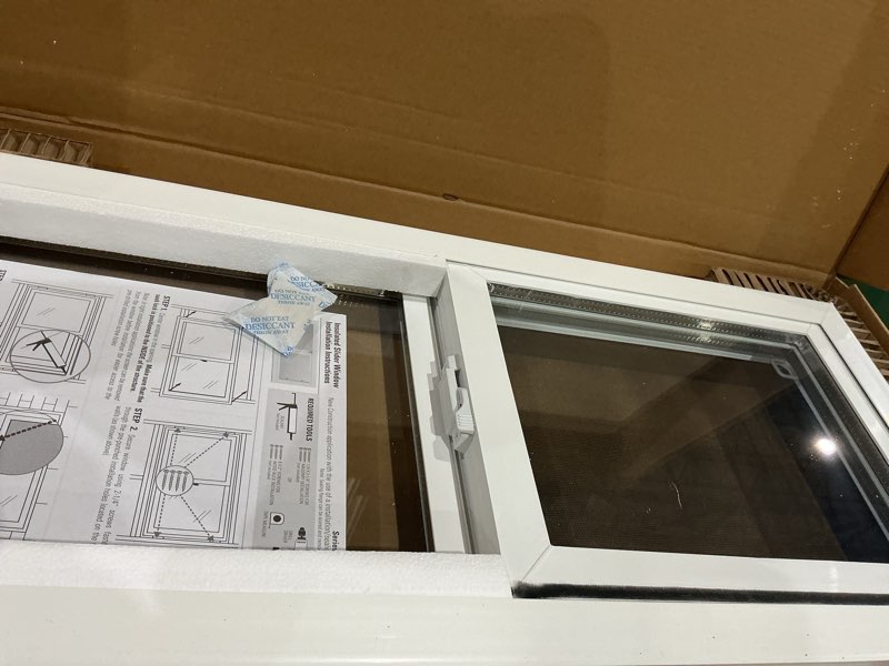 Condition photo showing Good Condition for we dont know size )))vinyl basement window, 32\" x 22\" slider window with double pane insulated tempered glass and fiberglass mesh screen for basement bathroom home rv garage (white) 32x22 inch