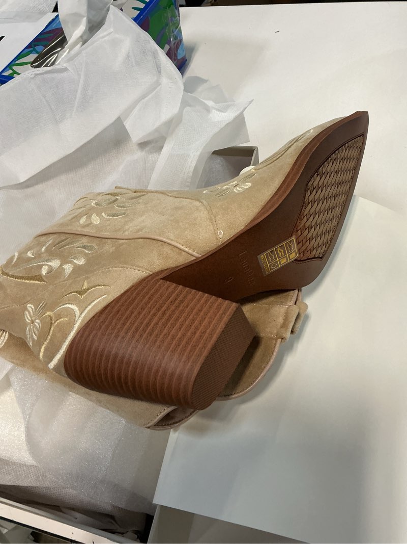 Condition photo showing New/Like New for cowboy boots for women, knee high cowgirl boots with pointed toe, chunky heel, floral embroidery western boots suede tall boots size 9 khaki