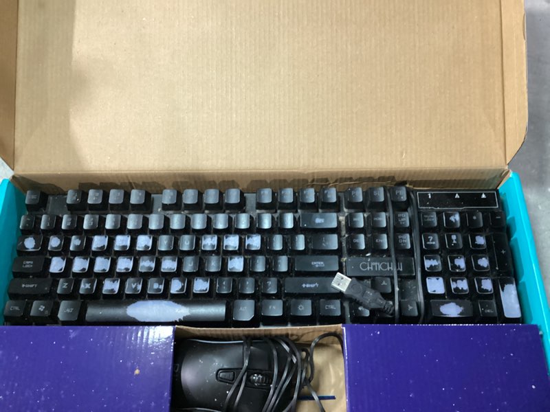 Condition photo showing As Is for Guiheng Wired Crack Rainbow Gaming Keyboard and Mouse Combo, 104 Keys Light Up Mechanical Feeling Computer Keyboard, Wired Gaming Keyboard and Mouse for PC MAC Xbox Gamer(Black) Crack black combo