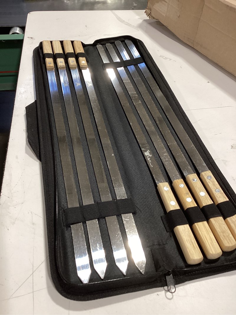 Condition photo showing Good Condition for g & f products bbq skewers, 23" x 5/8" stainless steel flat metal skewers with wooden handles, heavy-duty 8-piece set with camouflage carry bag for grilling meat, vegetables, and outdoor cooking skewers with 23 x 5/8" blades stainless steel (set of 8)