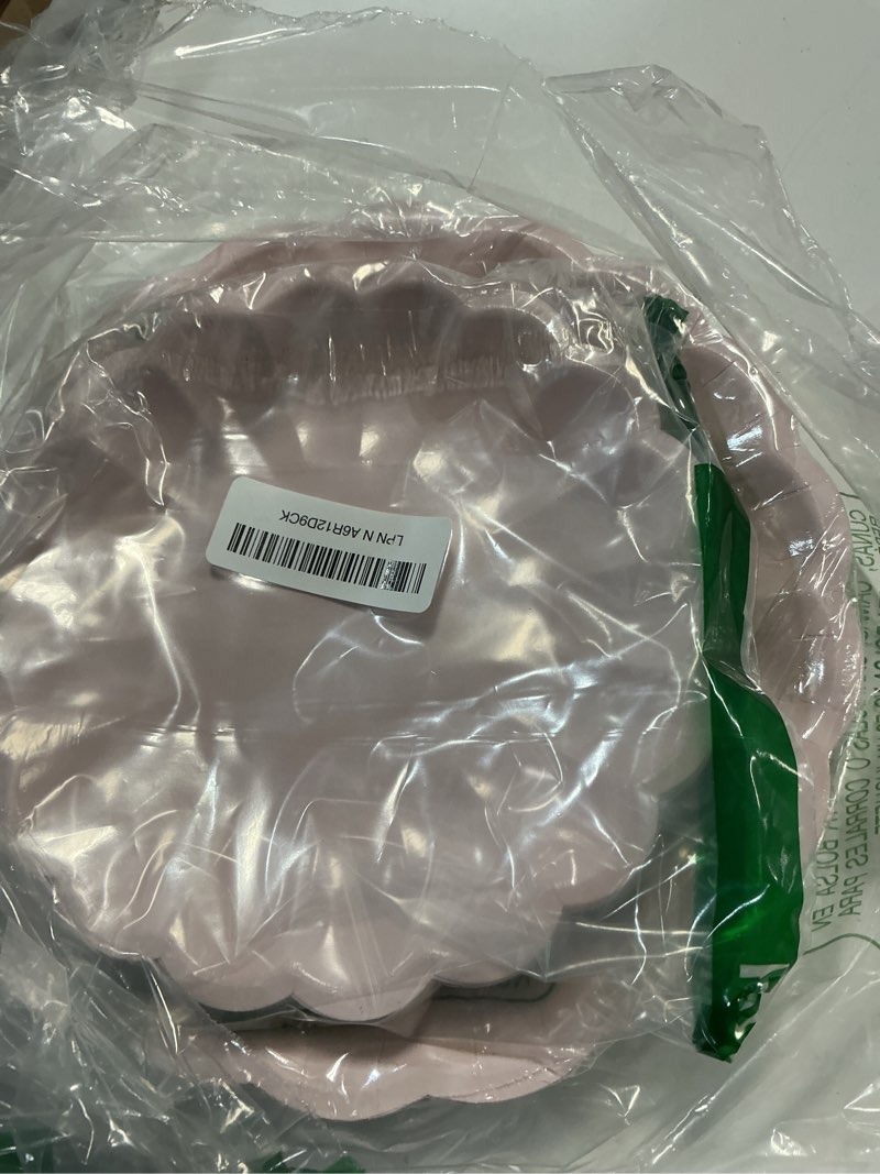 Condition photo showing item condition for 60 Pcs Pink Scalloped Paper Plates 9.5 Inch and 7.5 Inch Shell Edge Disposable Dinner Plates for Birthday Wedding Baby Shower Party Decorations 60 Pink