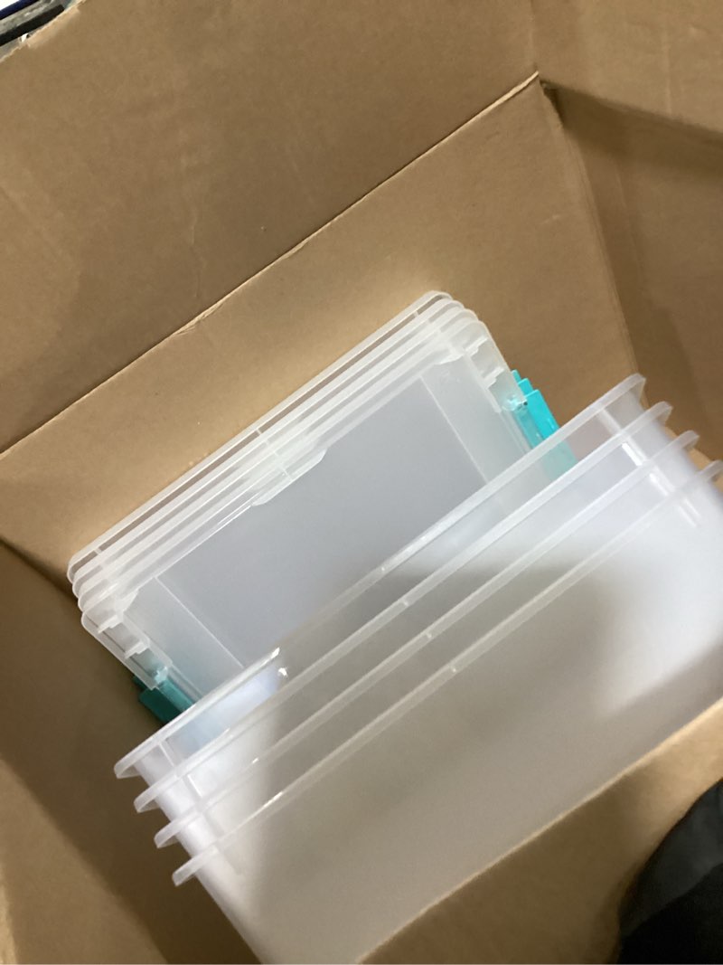 Condition photo showing Good Condition for IRIS USA 12 Qt. Plastic Storage Bins Containers with Lids, 4 Pack, Small Sensory Bin, Craft Storage, Craft Organizers & Storage, Organizing Container for Home, Office & Art Supplies, Stackable, Clear