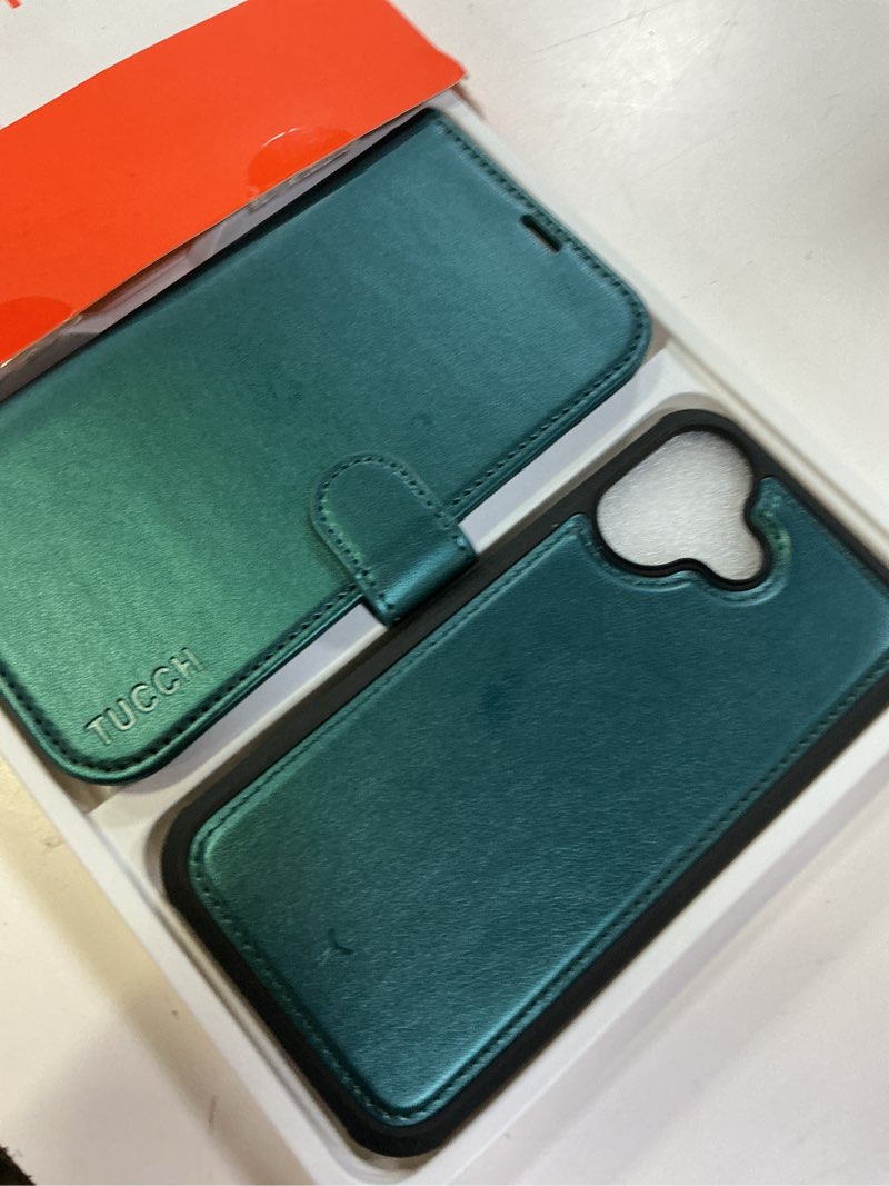 Condition photo showing New/Like New for tucch 2-in-1 removable case wallet for iphone 17 (6.3") 2025, detachable wrist strap, 4 card holders rfid blocking, wireless charging, stand, magnetic, pu leather shockproof folio cover, bluish green for iphone 17 bluish green