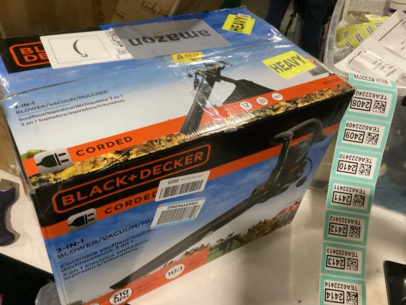 Condition photo showing New/Like New for black+decker electric leaf blower, leaf vacuum and leaf mulcher, 3-in-1 300 cfm 210 mph 12-amp handheld lightweight corded electric combo kit (bv3100)