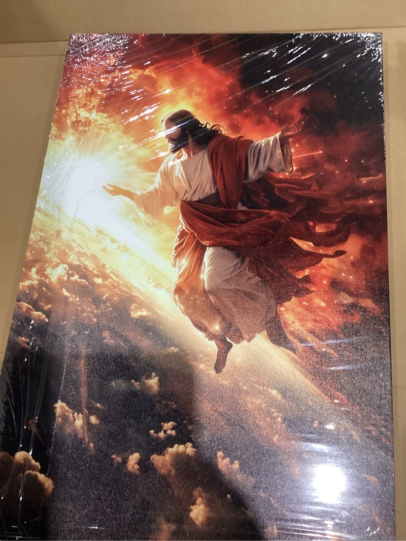 Condition photo showing New/Like New for jesus ascension canvas wall art framed christian prints religious poster pictures for living room wall decoration spiritual artwork gallery wrapped faith painting for home office 12x16 inch golden jesus 12"x16"