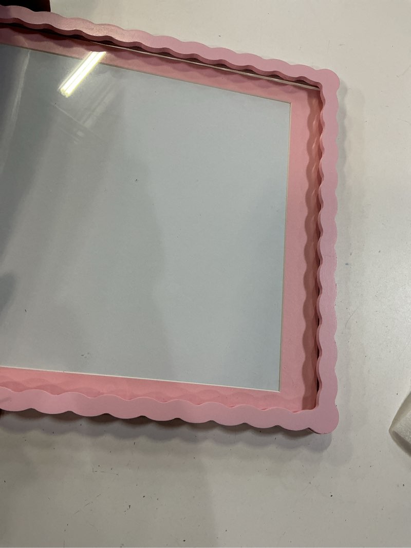 Condition photo showing As Is for 12x16 picture frame with mat for 11x14, wavy edge wooden real glass photo frame for wall hanging, pink, 1 pack pink 12x16 in