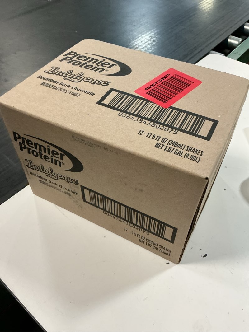 Condition photo showing New/Like New for bb-23/may/2026) premier protein shake indulgence, decadent dark chocolate, 30g protein, 170 calories, 3g sugar, 11.5 fl oz, 12 pack (packaging may vary) decadent dark chocolate 11.5 fl oz (pack of 12)