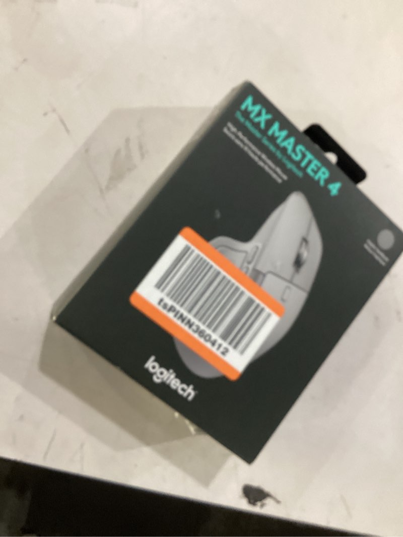 Condition photo showing As Is for missing  charging cable *logitech mx master 4, ergonomic wireless mouse with advanced performance haptic feedback, ultra-fast scrolling, usb-c charging, bluetooth, windows, macos - pale gray pale gray mouse