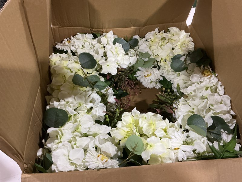 Condition photo showing As Is for briful 20'' spring hydrangea wreath for front door, colorful artificial floral summer wreaths for home farmhouse indoor windows fireplace mantle decor 20''-green pink beige