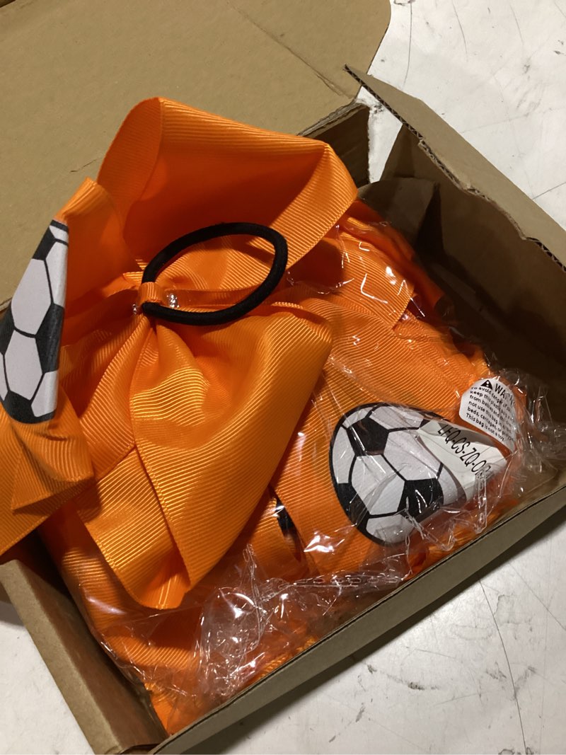Condition photo showing As Is for 12pcs soccer bows 8\" soccer cheer bow large girls hair bows cheerleading bows bulk elastic band ponytail holder for teen college football competition-orange b-orange