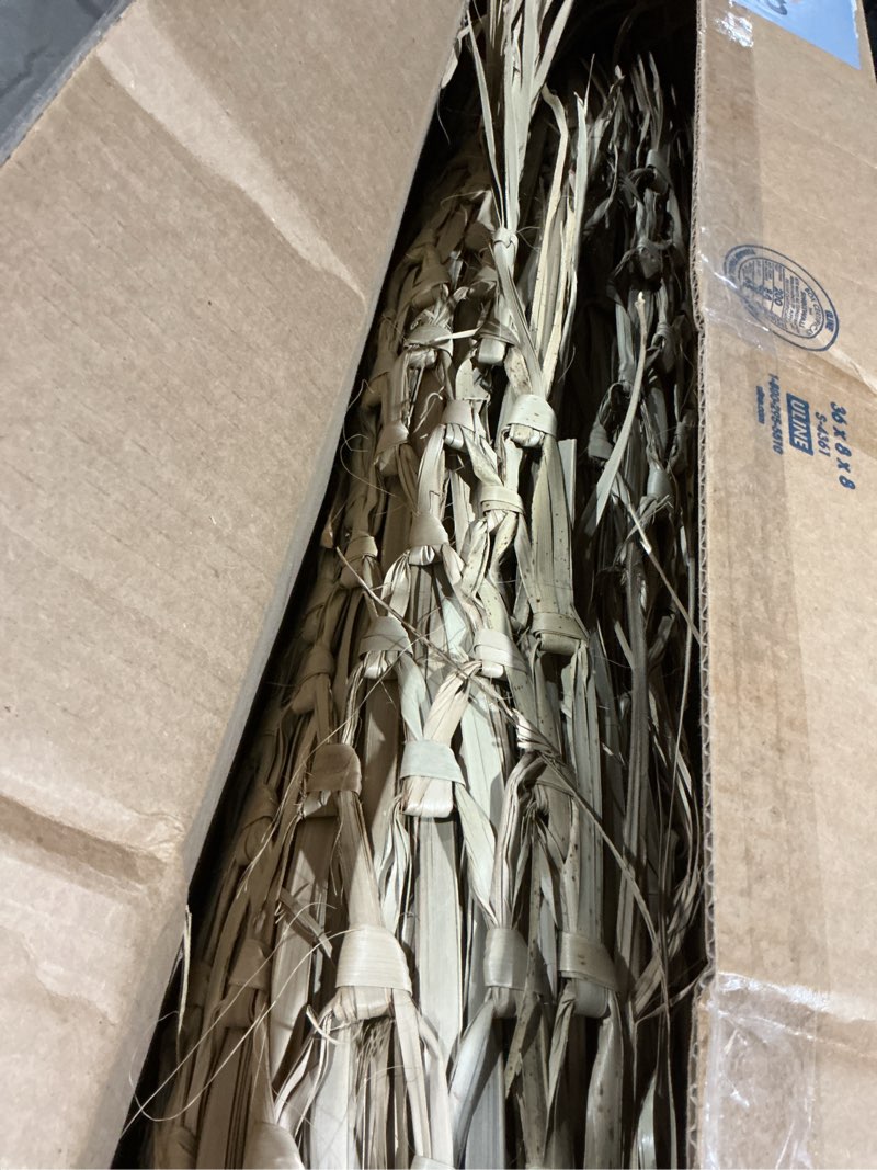 Condition photo showing As Is for eco-friendly mexican roof thatch - hand-woven palm leaf roll for diy projects, duck hunting camo mesh, tiki bar, palapa thatch roofing, patio umbrella - (35” x 30ft) 35 inch × 30 feet