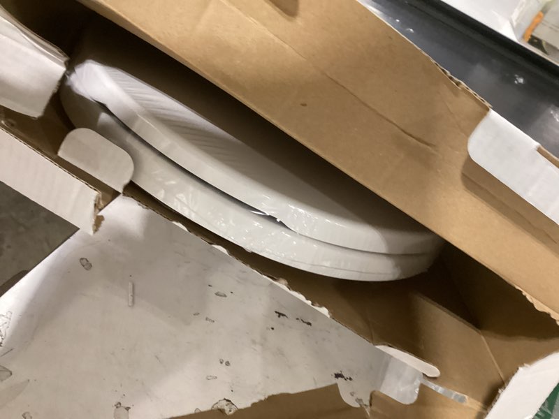 Condition photo showing As Is for elongated toilet seat, 18.5” soft/slow close oval (oblong) toilet seat for elongated toilets, no-slam quiet-close lid, easy-to-install & clean, durable never-loosen white plastic seat white elongated(oval)