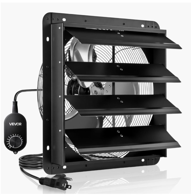 vevor 18'' exhaust fan, wall mounted attic fan with variable speed controller, 2200 cfm, automatic shutter, ventilation and cooling, black