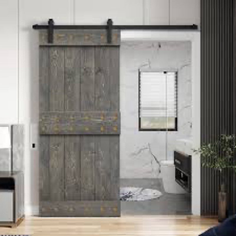 solid wood paneled barn door with installation hardware kit