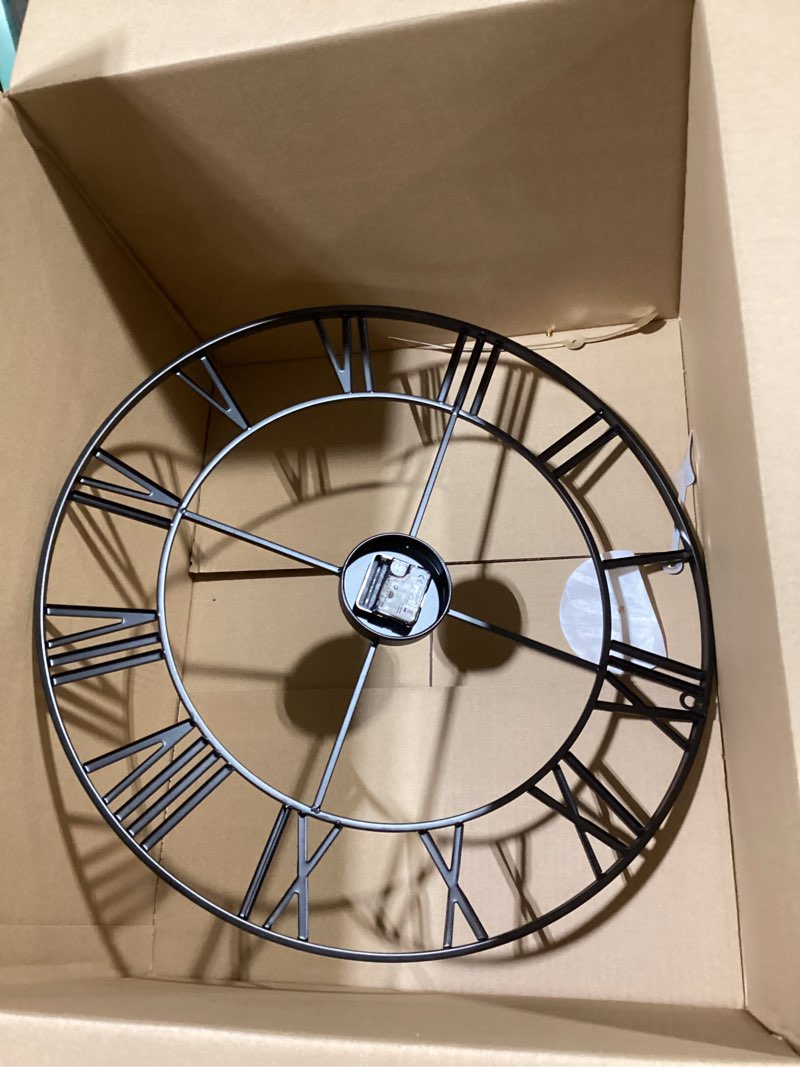 Condition photo showing As Is for Cuspin 24 Inch Wall Clock Black, Large Decorative Wall Clocks for Living Room, Modern Metal Round Clocks Battery-Operated Completely Silent Non Ticking Roman Number Black Roman Number 24 Inch