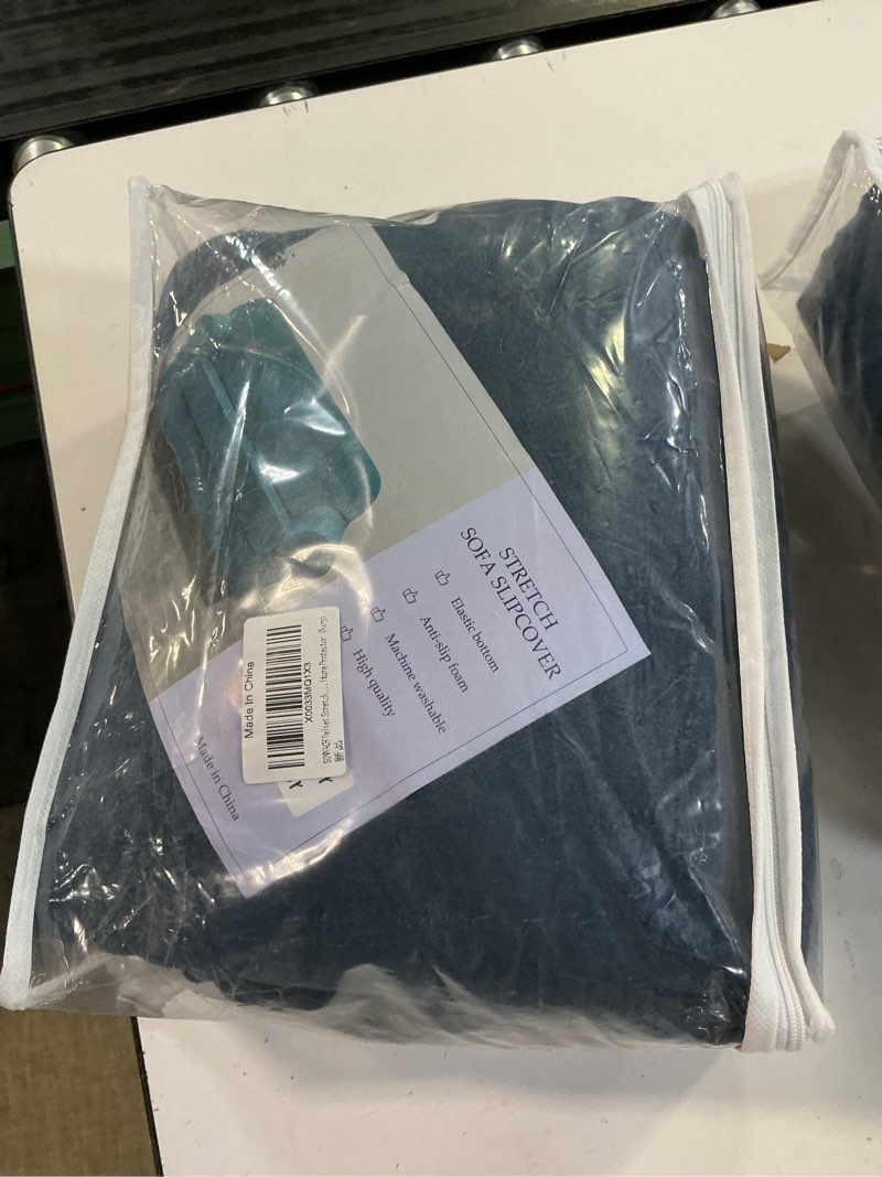 Condition photo showing New/Like New for navy blue velvet loveseat couch covers for 2 cushion couch sofa - high stretch 3 pieces washable furniture protector with elastic bottom for kids,pets (brown, armchair (1 cushion)) navy armchair (1 cushion)