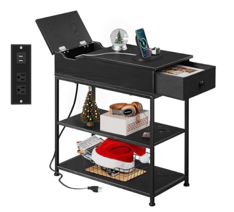  WLIVE Narrow Side Table with 2 USB Ports and 2 Outlets, Flip Top Black End Table with Drawer and Storage Shelves, Small Nightstand with Charging Station for Living Room/Bedroom