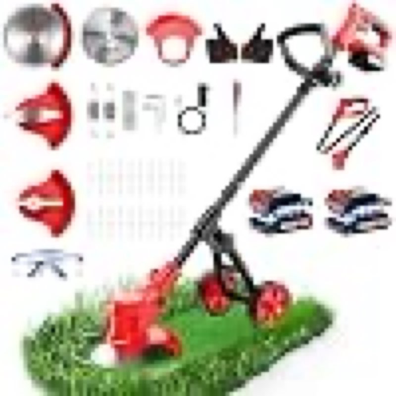 electric weed wacker cordless with wheels, 4-in-1 weed eater battery powered 4000mah 21v, brush cutter/string trimmer/grass trimmer/lawn mower with 3 types blades, lightweight garden tool, 2 battery