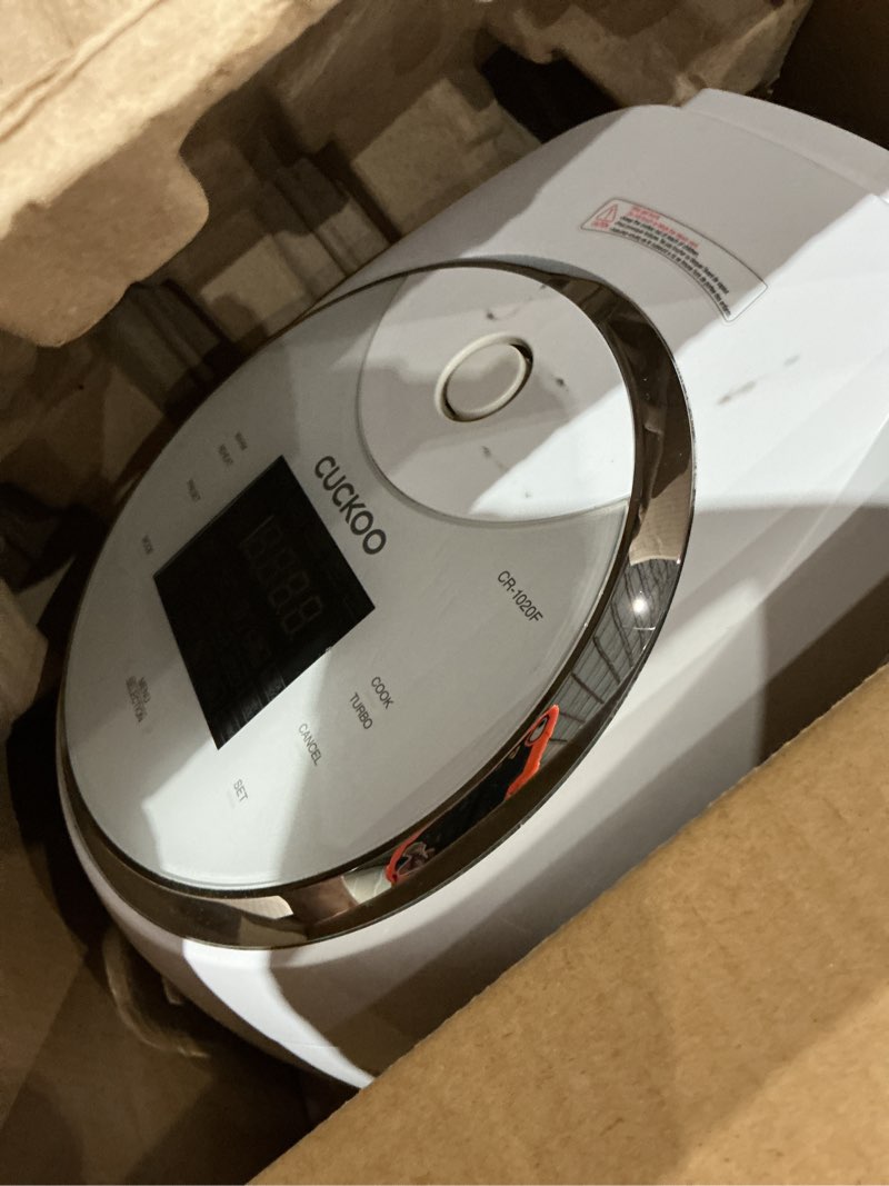 Condition photo showing As Is for cuckoo micom rice cooker 10-cup uncooked / 20-cup cooked with nonstick inner pot, large rice maker with 16 menu options, fuzzy logic technology, auto clean mode, lcd display, white (cr-1020f) 10 cup