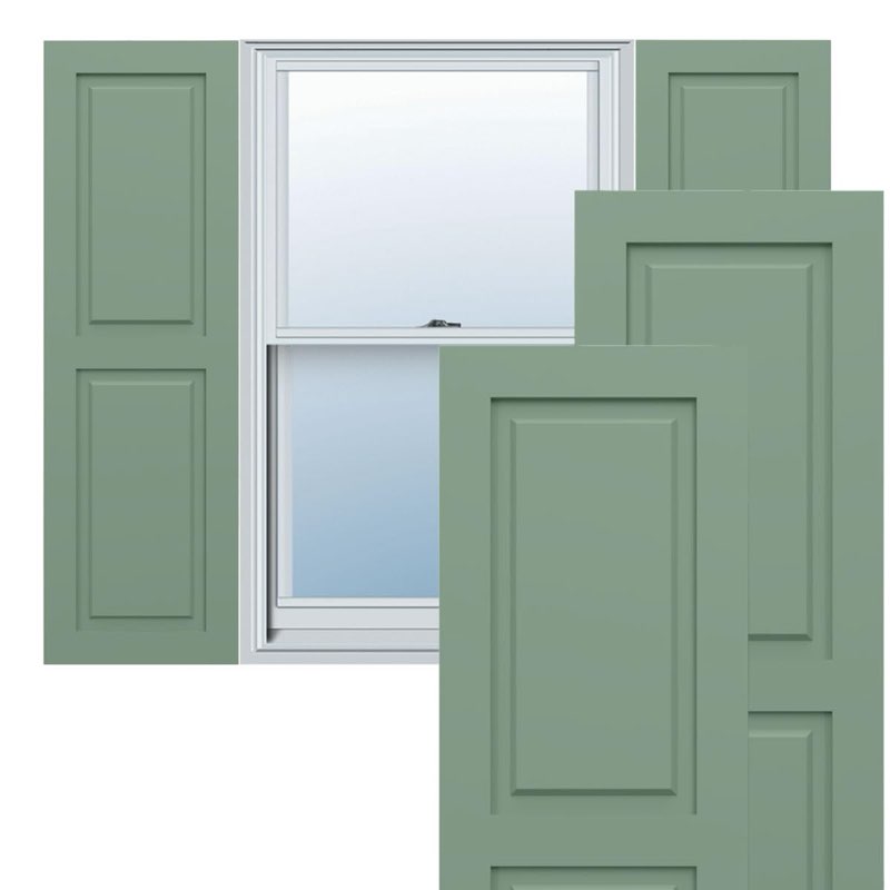 12"w x 70"h true fit pvc, two equal raised panel shutters, track green (per pair - hardware not incl