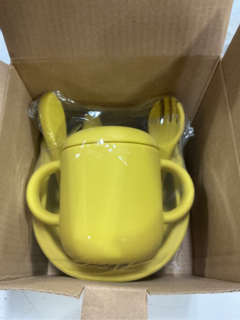 Condition photo showing New/Like New for Silicone Feeding Set, Suction Cup Bowl, Silicone Spoon and Fork, Cutlery Feeding Supplies, 4 Piece Set/yellow (Yellow)