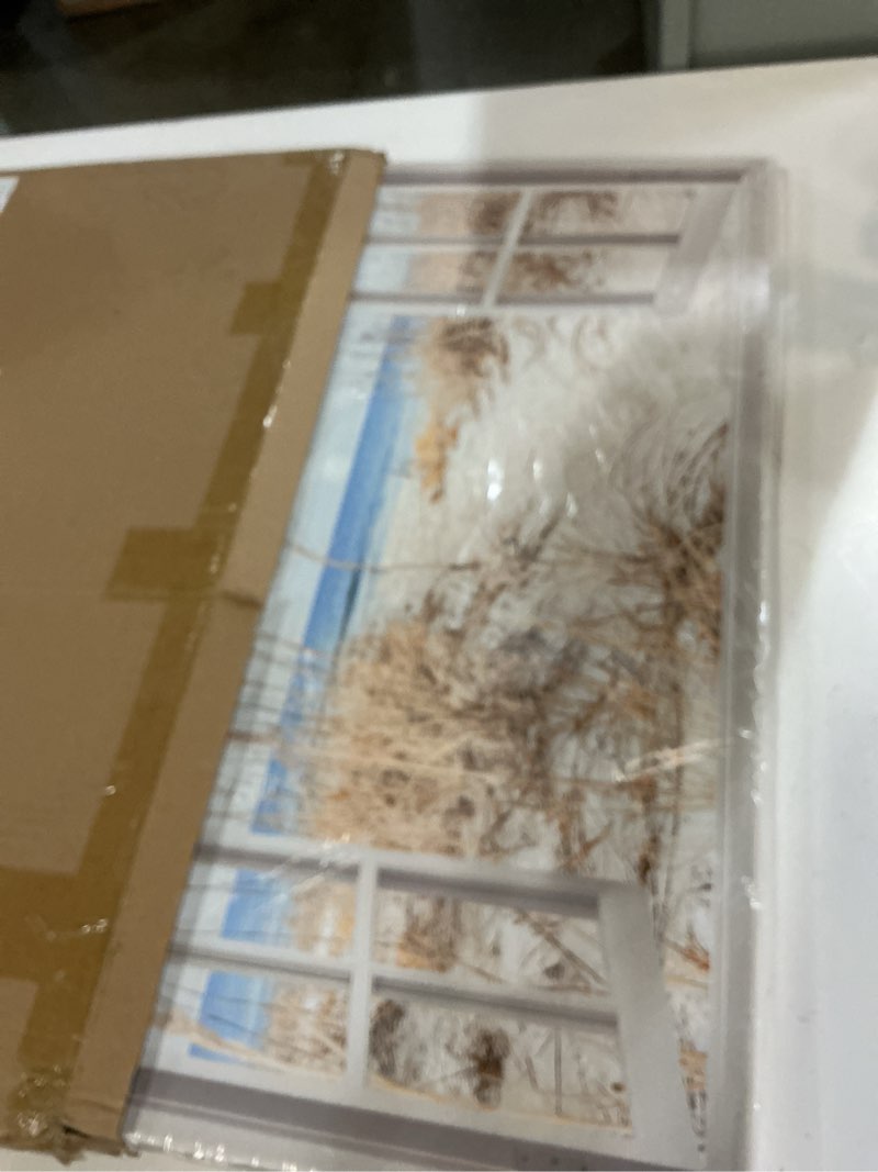 Condition photo showing New/Like New for beach window canvas wall art: living room bedroom ocean view seascape decor picture modern coastal scene blue sea artwork horizontal nature landscape prints relaxing seaside grass seashore painting blue ocean 36"l x 24"w