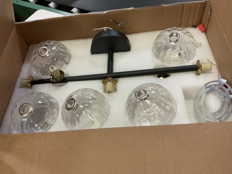 Condition photo showing As Is for modern globe glass ceiling light: 27 inch semi flush mount light with hammered clear glass shade - 5 lights black ceiling lighting fixture - dimmable linear chandelier for bedroom living room entry black 5 light-hammered glass