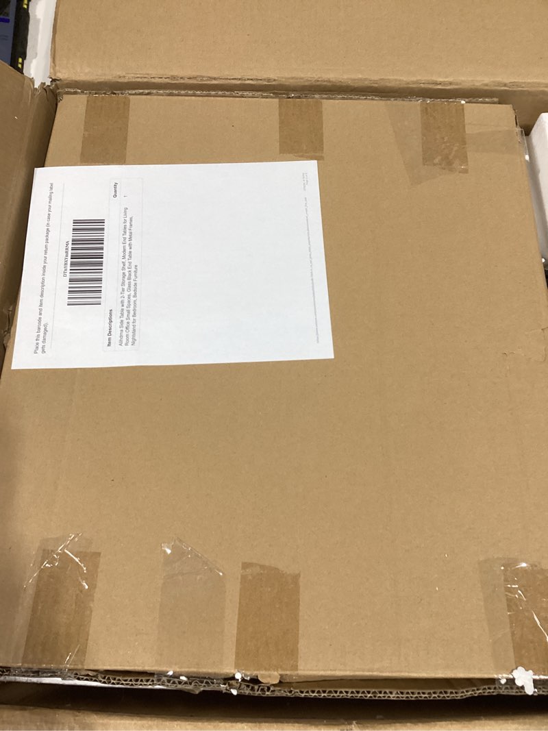 Condition photo showing Good Condition for Side Table with 2-Tier Storage Shelf, Modern End Tables for Living Room Office Small Spaces, Glass Black End Table with Metal Frames, Nightstand for Bedroom, Bedside Furniture Black-hexagonal