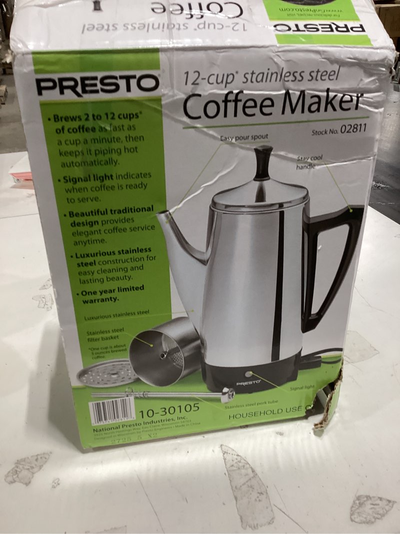Condition photo showing Good Condition for Presto 02811 Stainless Steel Electric Coffee Percolator - 12-Cups, Easy-Pour Spout, Stay-Cool Handle, Make 2-12 Cups Silver 12-Cups