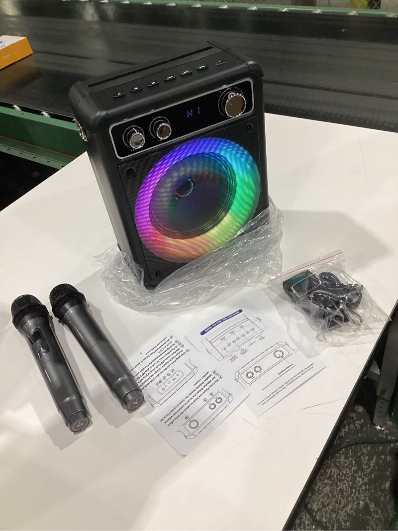Condition photo showing Good Condition for Karaoke Machine, Portable Bluetooth Karaoke Speaker with 2 Wireless Microphones, PA System for Adults Kids with LED Lights & Echo Adjustment, Supports TWS/TF/USB/AUX for Home Party T03-2 MICS