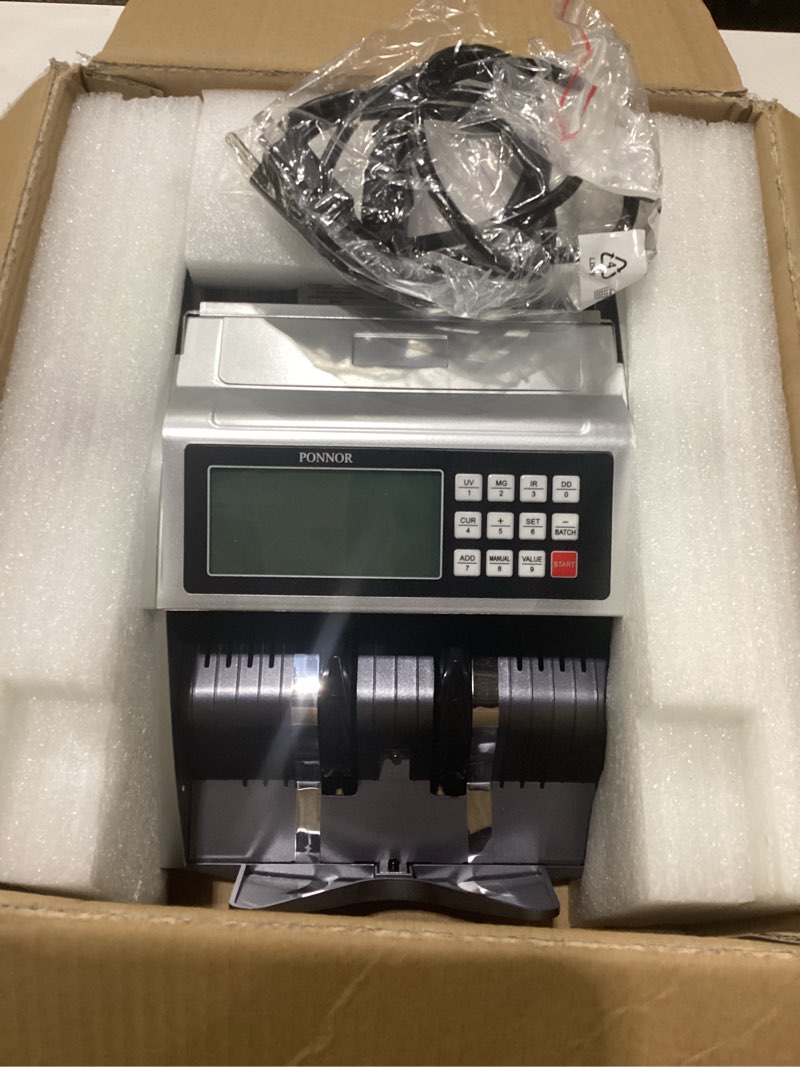 Condition photo showing New/Like New for ponnor money counter machine with value bill count, cash counter for dollar, euro with uv/mg/ir/dd/dbl/hlf/chn counterfeit detection, add/bat/value mode bill counting machine with large lcd display