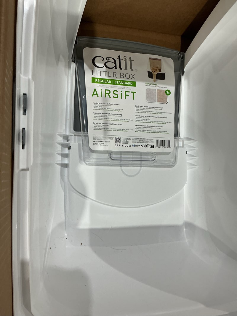Condition photo showing As Is for catit airsift litter pan large – covered cat litter box with dual-action odor control leak preventing design – includes filter pad, easy to clean, reduces litter tracking - 22.4” l x 18.3” h x 15.3” w white/gray large (54.5 x 41.5 x 46 cm)