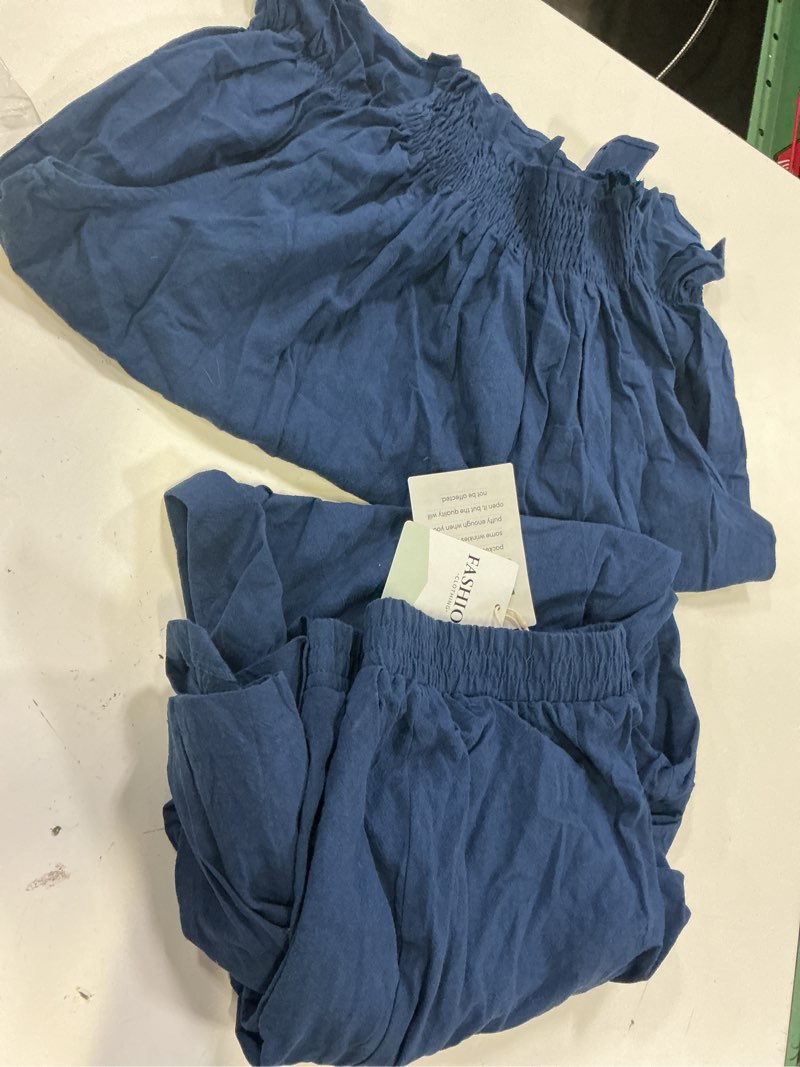 Condition photo showing Good Condition for tanming women's linen 2 piece outfits sleeveless ruffle top wide leg pants summer loungewear beach travel sets, xl