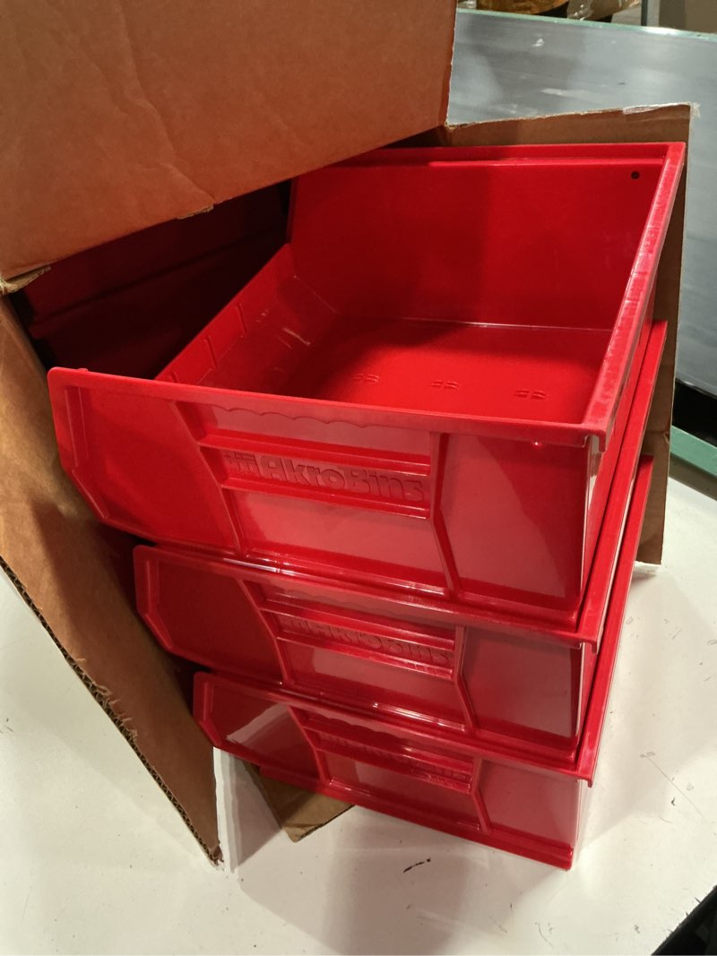 Condition photo showing Good Condition for akro-mils 30235 akrobins plastic storage bins, space-saving stackable bins for garage, pantry, craft organization, 11\" x 11\" x 5\", red, 6-pack red storage bins only