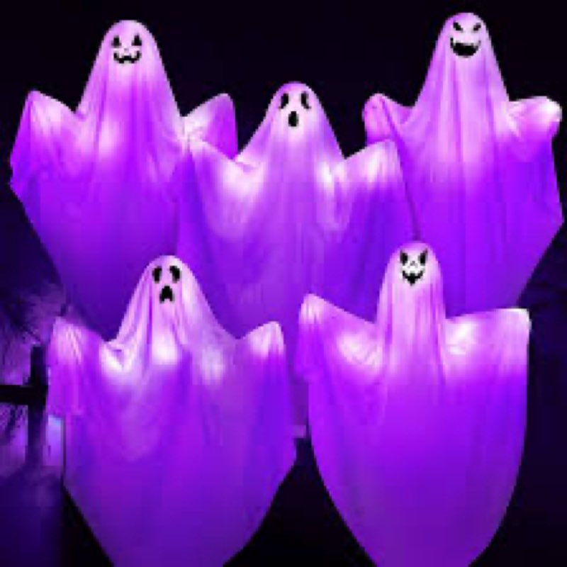 5Pack Halloween Hanging Ghost with Spooky Purple LED Light,27.5’’ Light up Flying Ghost Outdoor Hang