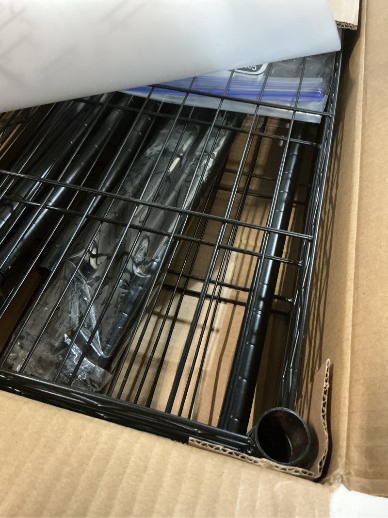 Condition photo showing Good Condition for IZEUK 1400 LBS Garage Black Shelving Wide Storage Shelves 4 Tier Adjustable Heavy Duty Metal Wire Rack Standing Shelf Unit for Kitchen Office College Dorm Garage Warehouse 15.8" x 45.8"x 59.4" 4 Tier,15.8" D x 45.8" W x 59.4" H Black