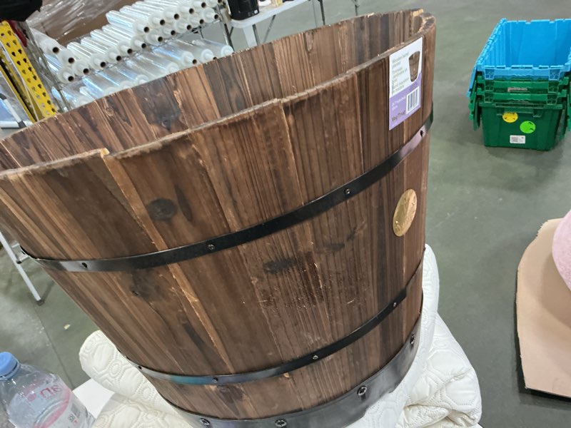 Barrel Planter, Outdoor Planter with Plastic Base, Perfect for Gardens and Patios, Burnt Oak Finish, Brown, 22" D x 22" W x 16" H