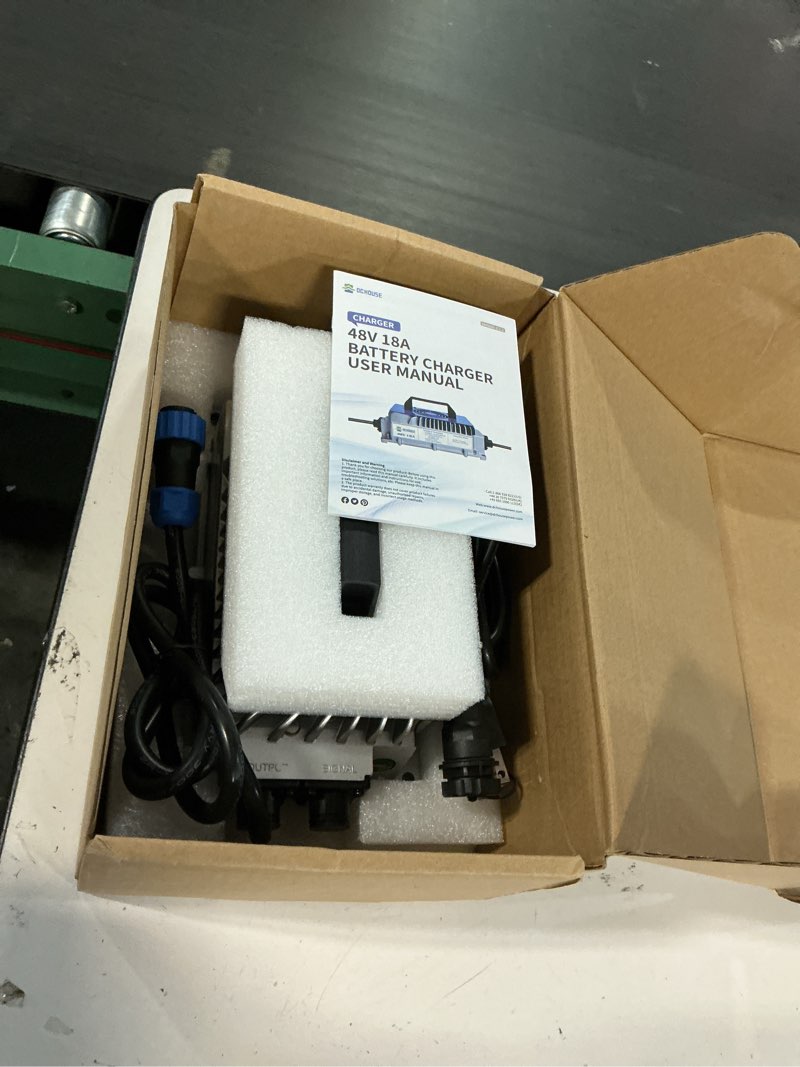 Condition photo showing Good Condition for dc house 48v 18a lithium battery charger, 900w fast charger, charging efficiency ? 93%, ip65 waterproof anti-fall with cooling fan, suitable for 48v golf cart/forklift/ship lithium battery
