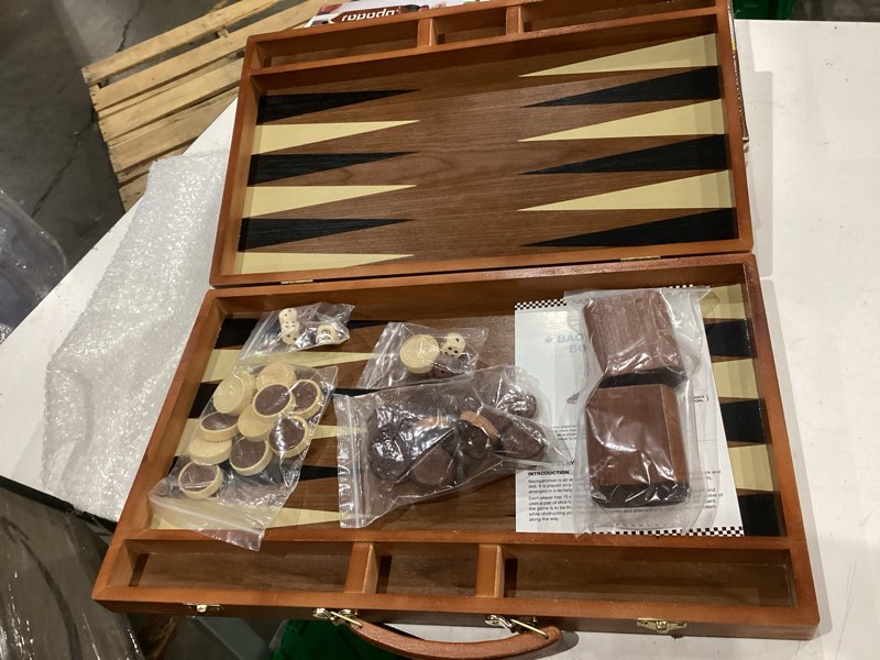 Condition photo showing As Is for incomplete . missing game pieces pointworks 17 inch chess checkers backgammon set for adults, wooden chess set combo, portable folding two sided board multi game design, maple walnut inlay with large weighted pieces, acrylic checkers backgammon, chess & checkers