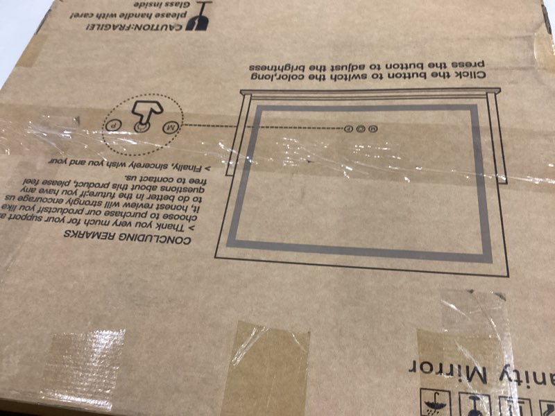 Condition photo showing As Is for FENNIO Vanity Mirror with Lights 22''x18'' Makeup Mirror with Lights,Lighted Makeup Mirror with 10X Magnification ?Smart Touch Screen with 3-Color Lighting,Dimmable?Square Gold? Gold 22"L x 18"W