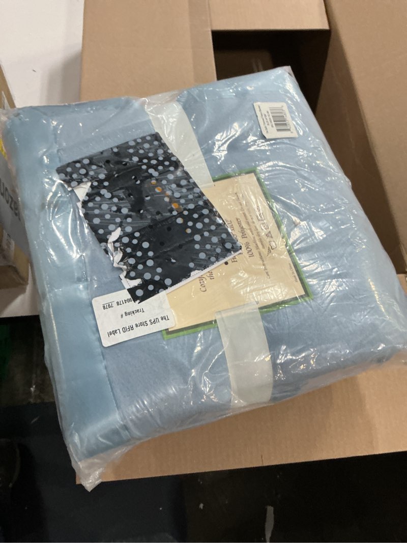 Condition photo showing New/Like New for oakridge satin fleece blanket, full/queen, twin or king size – 100% polyester lightweight fabric and cozy satin binding edges in tightly folding travel blanket, blue twin blue