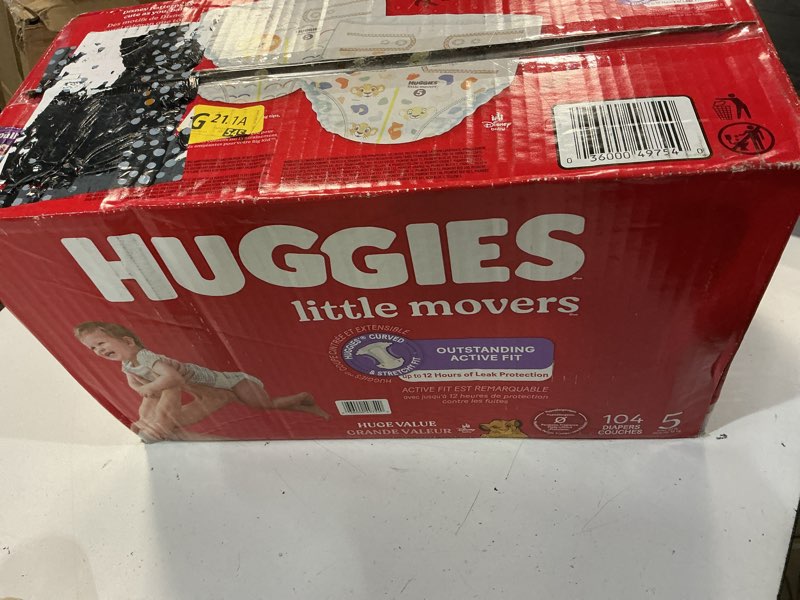 Condition photo showing New/Like New for huggies size 5 diapers, little movers baby diapers, size 5 (27+ lbs), 104 count, packaging may vary size 5 104