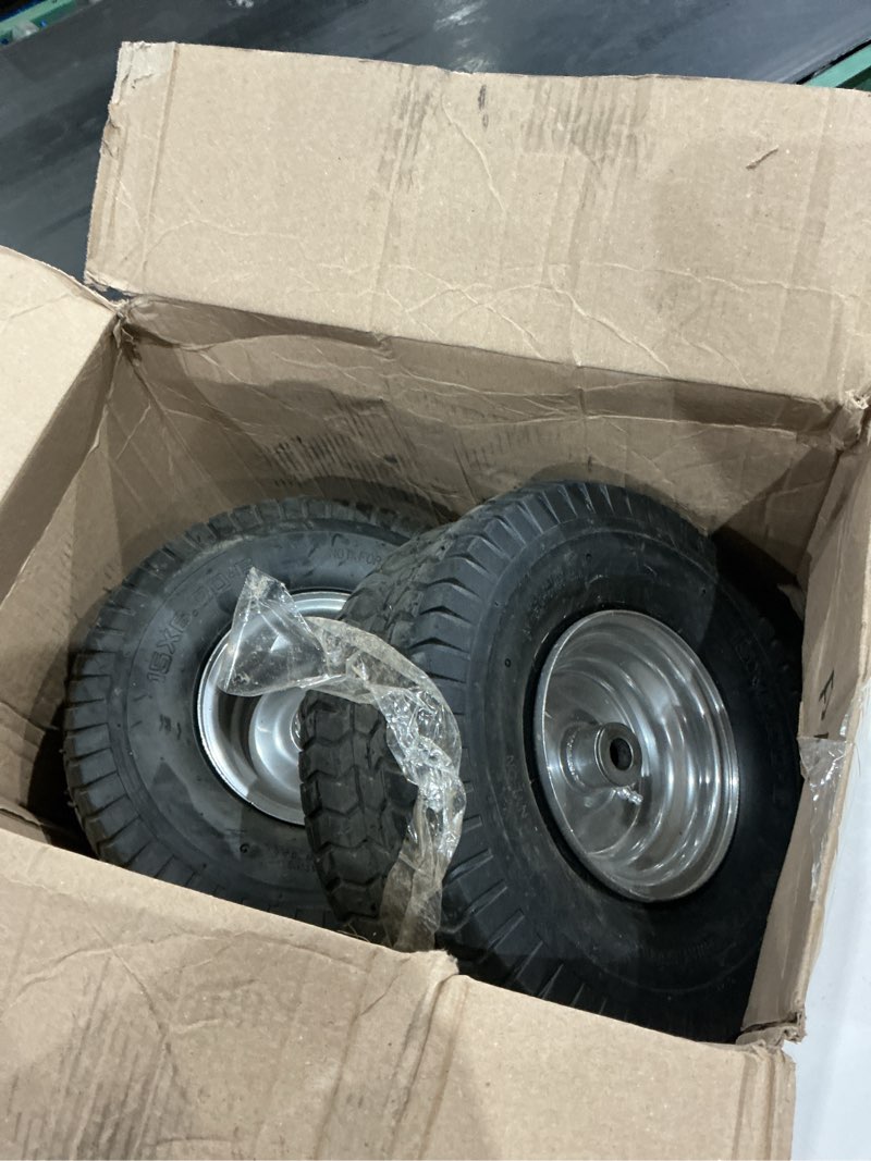 Condition photo showing As Is for ar-pro 2-pack 15 x 6.00-6 front tires and wheels for lawn mower, lawn tractor, 3-inch hub centered, 3/4-inch sintered iron hubs, 4-ply tire