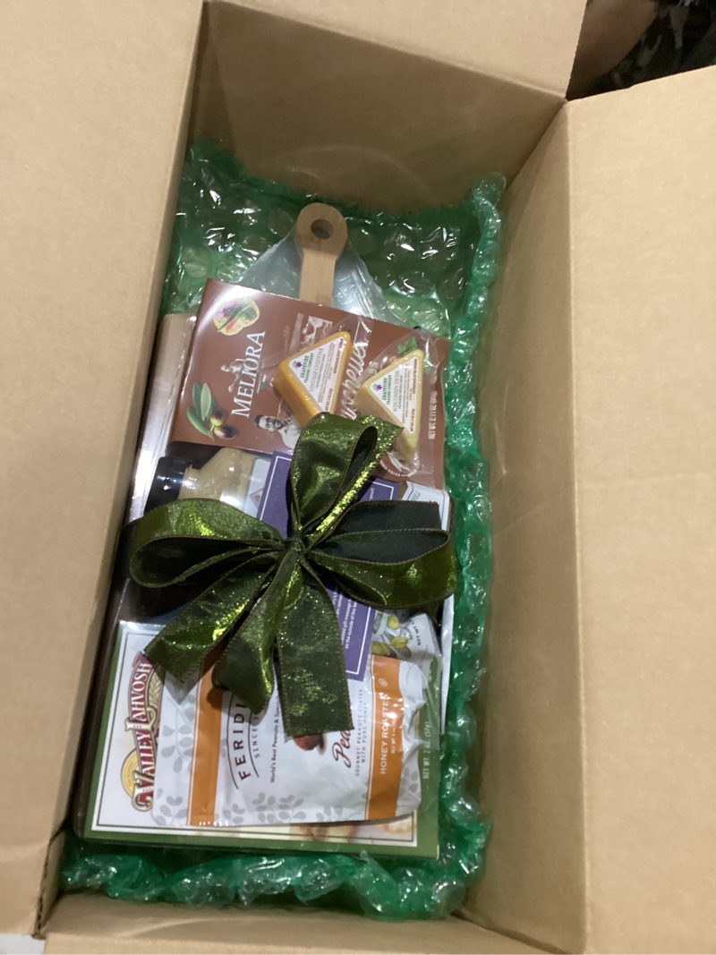 Condition photo showing New/Like New for wine country gift baskets gourmet salami and cheese with bamboo cutting board for family, friends, corporate, get well, sympathy care, teacher and more