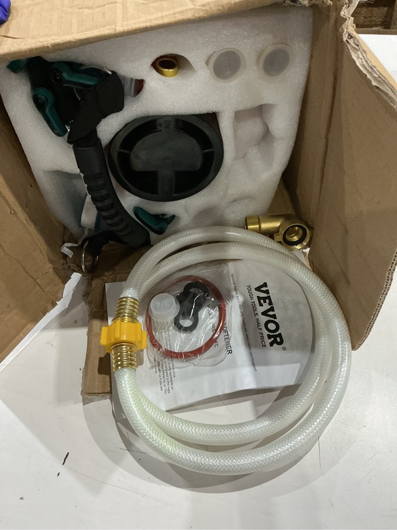 Condition photo showing As Is for vevor rv water softener, 16,000 grain portable water softener, with 3/4" brass fittings and 42" hose, soften hard water filter system for rvs, trailers, boats, mobile car washing, pressure washing